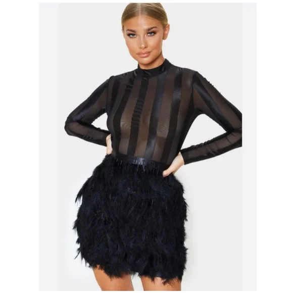 prettylittlething sexy fawn black feather skirt sheer bodycon mini dress